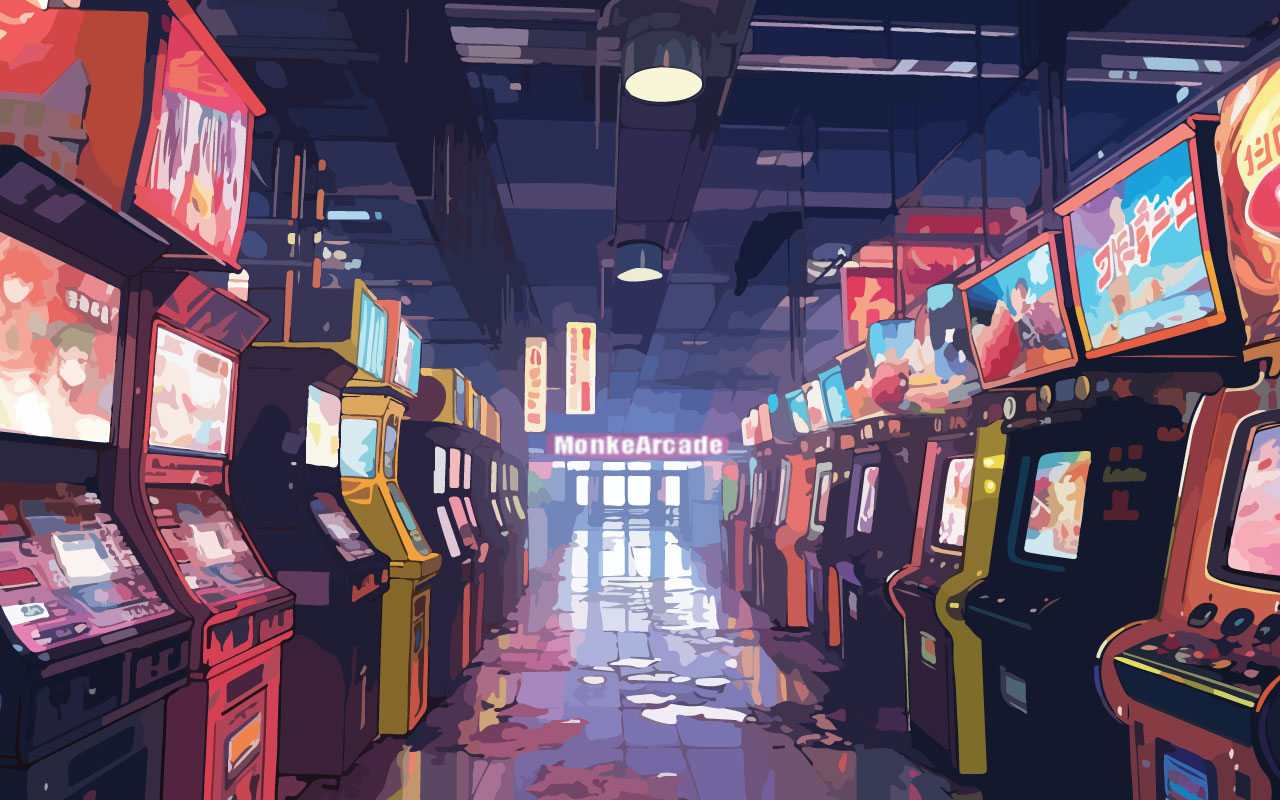 Lexica - Vintage 90's anime style environmental wide shot of a chaotic  arcade at night; a woman wearing streetwear playing an arcade game; by  hajime ...